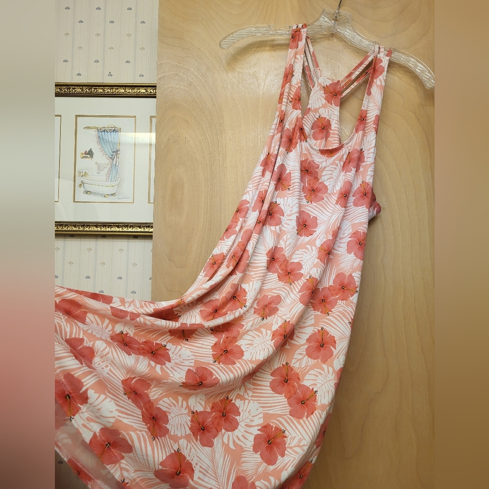 Red Hibiscus White Floral Tank Dress Sz XL